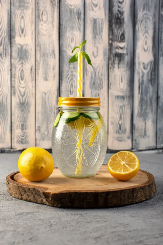 freshly made lemon water with cucumber slices