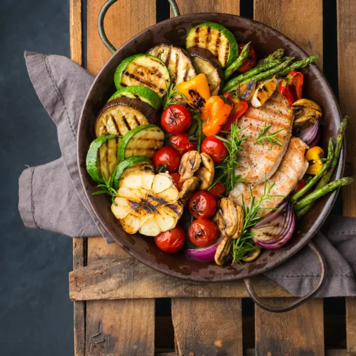 healthy grilled vegetables and chicken breast