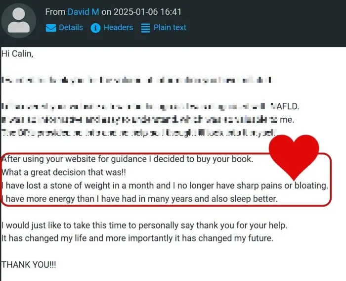 Email praise for the book From Fatty Liver to Healthy Liver.